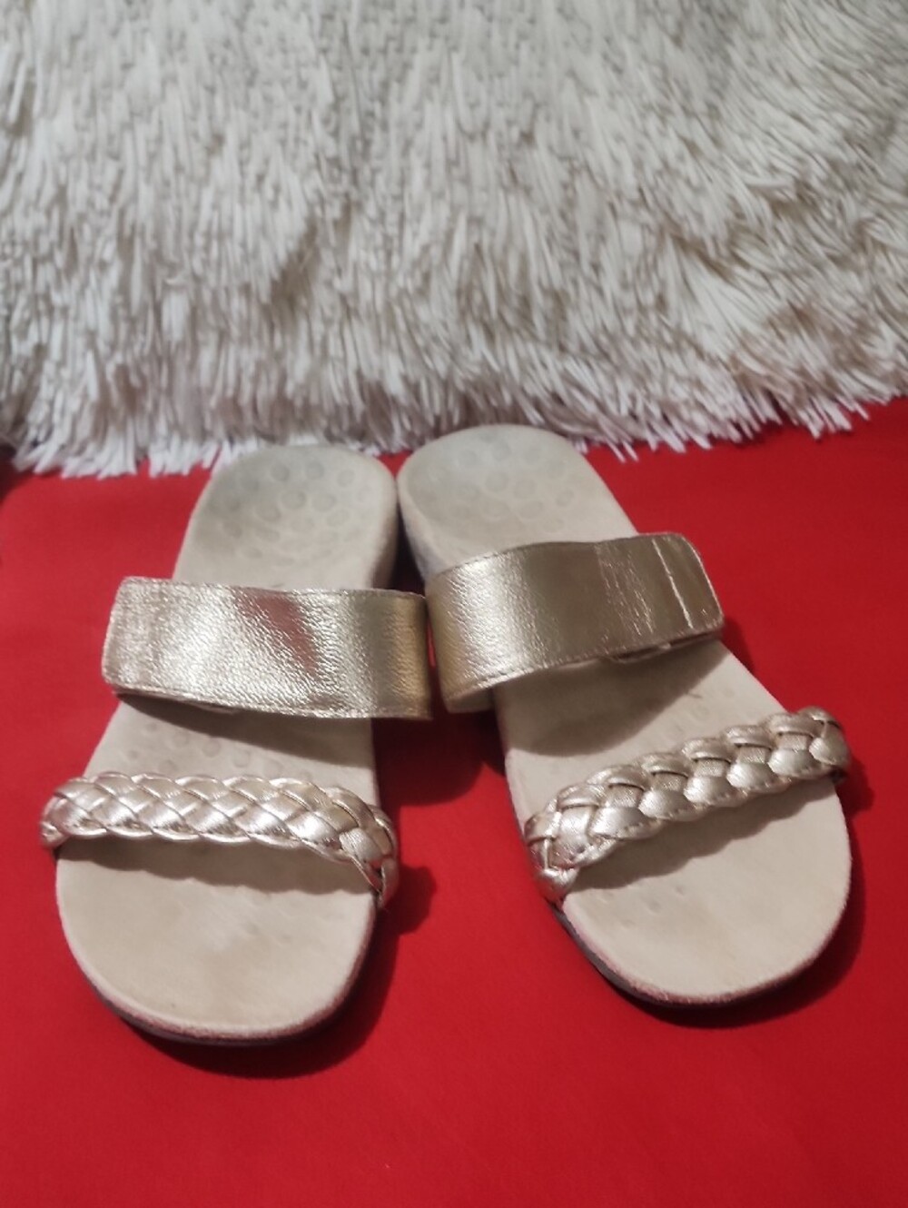 Vionic Metallic Rose Gold Braided-Accent Slide Sandals